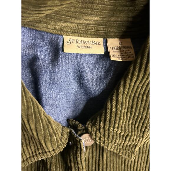 St. John’s Bay 1X Olive Corduroy Shirt Jacket | Denim Cuff Barn Chore Vintage - Picture 2 of 6
